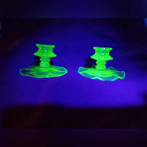 Mid Century Modern Uranium Glass Glows Candle Stick Holders Wave Pattern